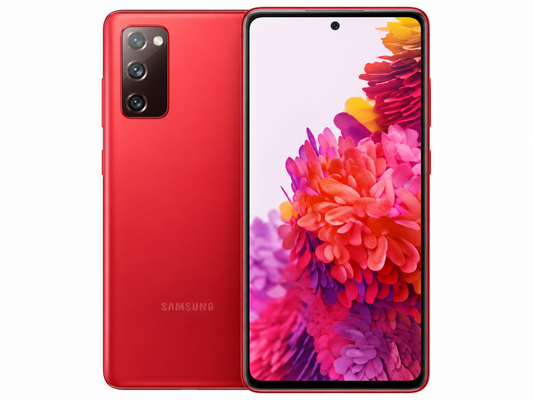 Cloud Red Samsung Galaxy S20 FE smartphone, front and back shown
