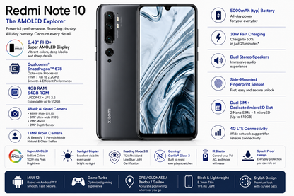 Xiaomi Redmi Note 10 Onyx Gray smartphone with front display and rear cameras; specs panel on side