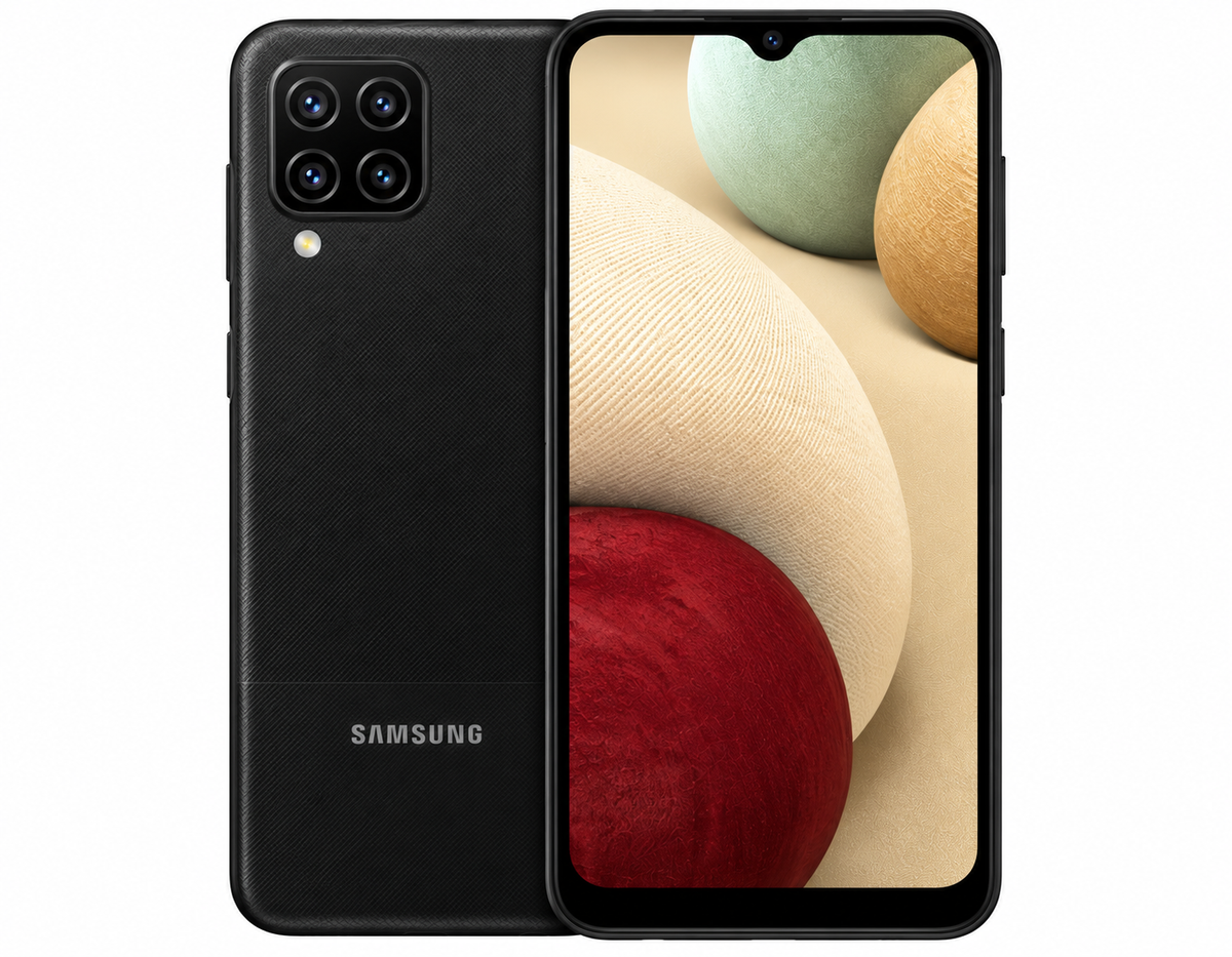Black Samsung Galaxy A12 smartphone showing front display and back with quad cameras