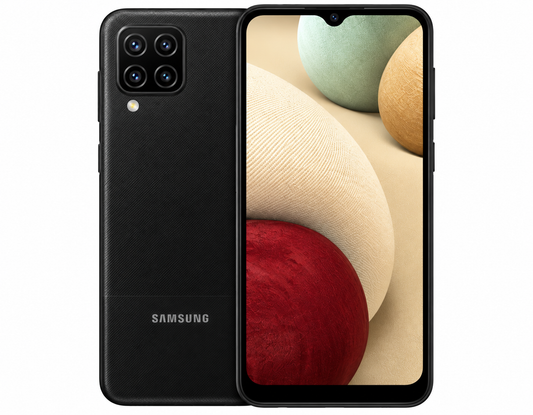 Black Samsung Galaxy A12 smartphone showing front display and back with quad cameras
