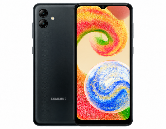 Black Samsung Galaxy A04 smartphone with dual rear cameras and colorful display