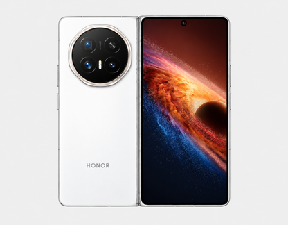 Honor Magic V6 5G White foldable smartphone open with circular quad-camera on back and colorful inner screen.