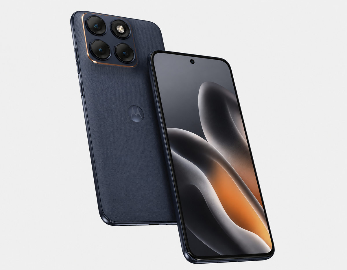 Motorola Moto Edge 70 Fusion 5G Motorola blue smartphone angled front and back with quad cameras