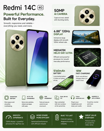 Xiaomi Redmi 14C 4G 256GB ROM 8GB RAM Dual SIM GSM Unlocked - Green