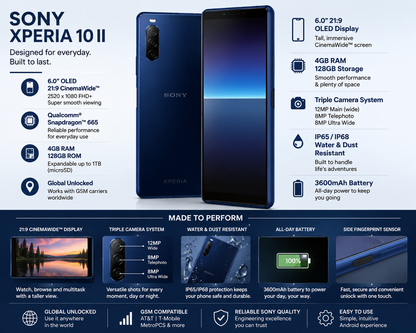 Blue smartphone with 21:9 OLED, 4GB RAM/128GB storage, triple camera and IP65/68