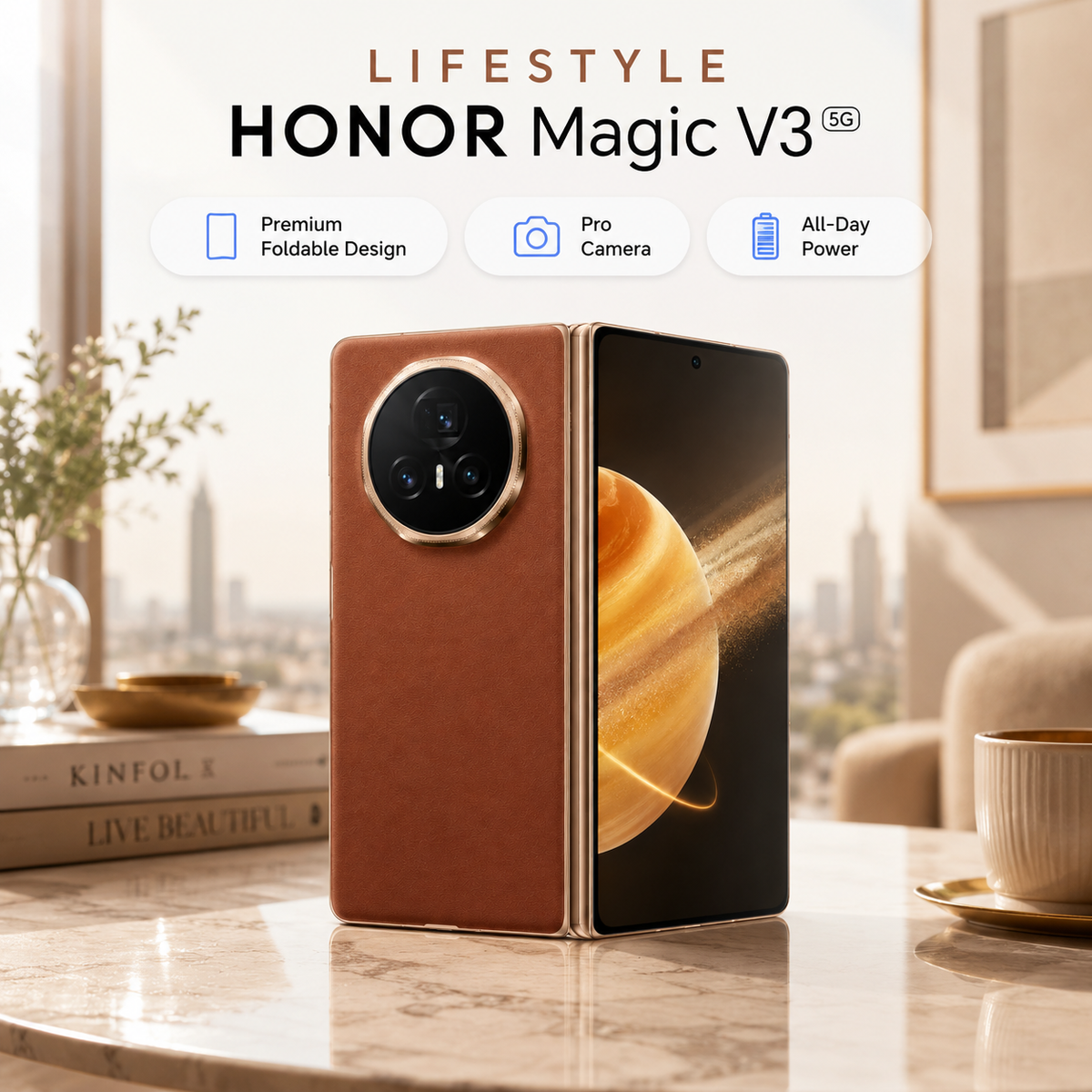 Brown foldable smartphone open on tabletop, showing rear camera module and main display.