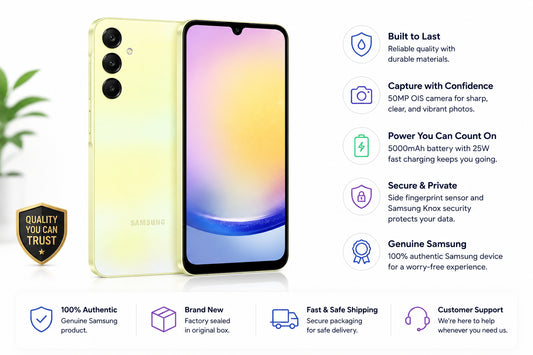 Yellow Samsung Galaxy A25 5G smartphone with front screen and rear camera cluster