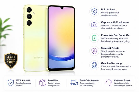 Yellow Samsung Galaxy A25 5G smartphone with front screen and rear camera cluster