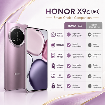 Purple smartphone comparison layout with front and back showing triple-lens camera