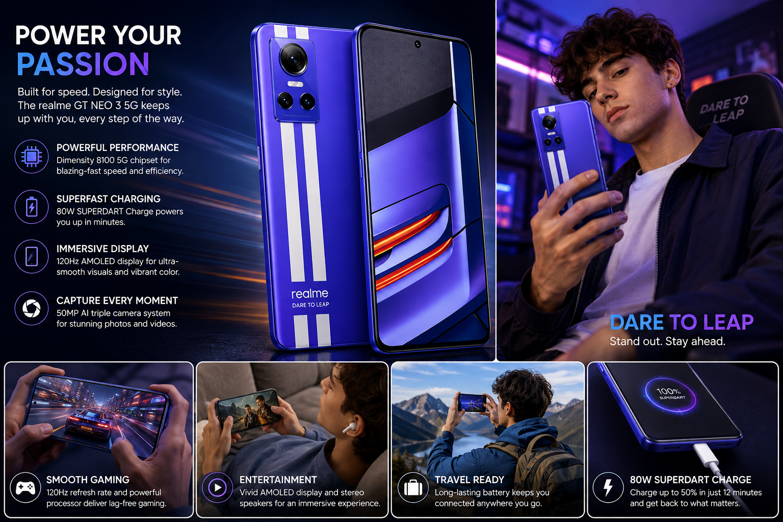 Blue Realme GT Neo 3 5G smartphone held in hand, front and back visible