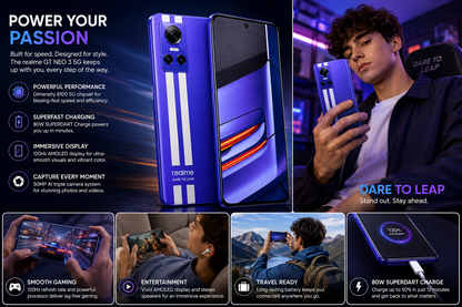 Blue Realme GT Neo 3 5G smartphone held in hand, front and back visible