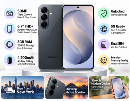 Samsung Galaxy S26FE 5G Graphite Samsung smartphone with front display and triple rear camera module