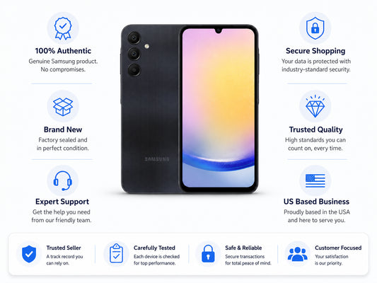 Blue-black Samsung Galaxy A25 5G smartphone shown front and back, dual rear cameras