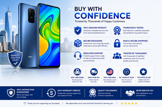 Midnight grey Xiaomi Redmi Note 9 smartphone, side-by-side front display and rear