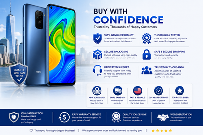 Midnight grey Xiaomi Redmi Note 9 smartphone, side-by-side front display and rear