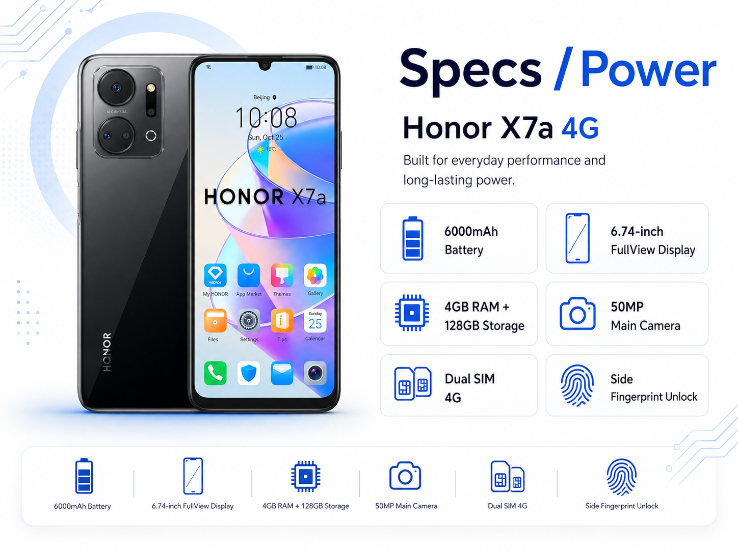 Midnight black smartphone with front home screen and rear camera array