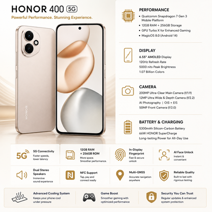Honor 400 5G 256GB ROM 12GB RAM Dual SIM GSM Unlocked - Gold