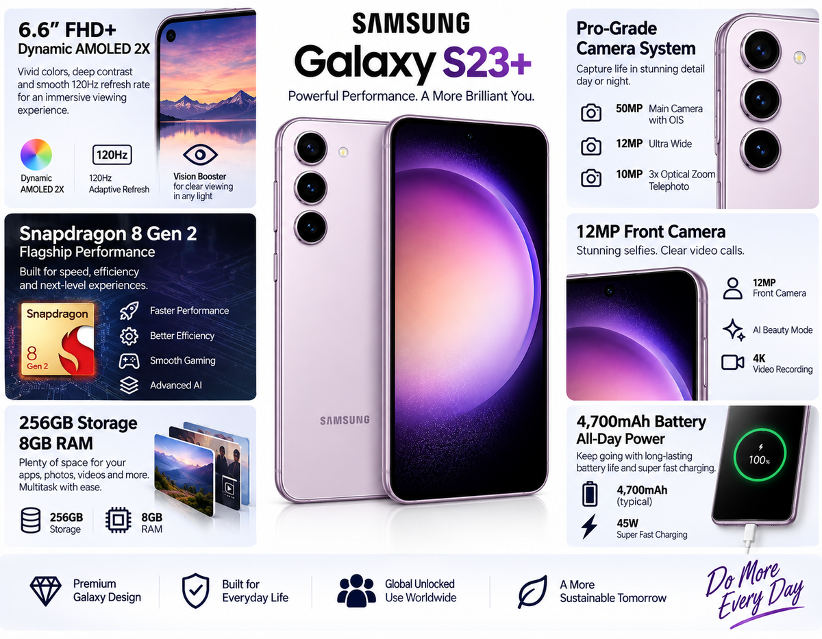 Samsung Galaxy S23 5G Lavender Samsung Galaxy phone with front display and rear triple camera