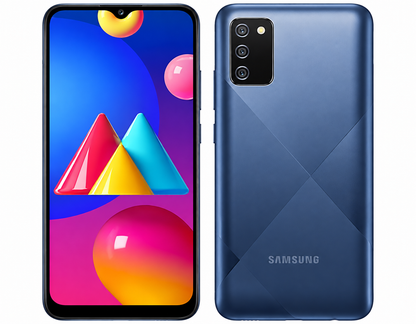 Samsung Galaxy M02s Blue Samsung smartphone, front screen and back with dual cameras