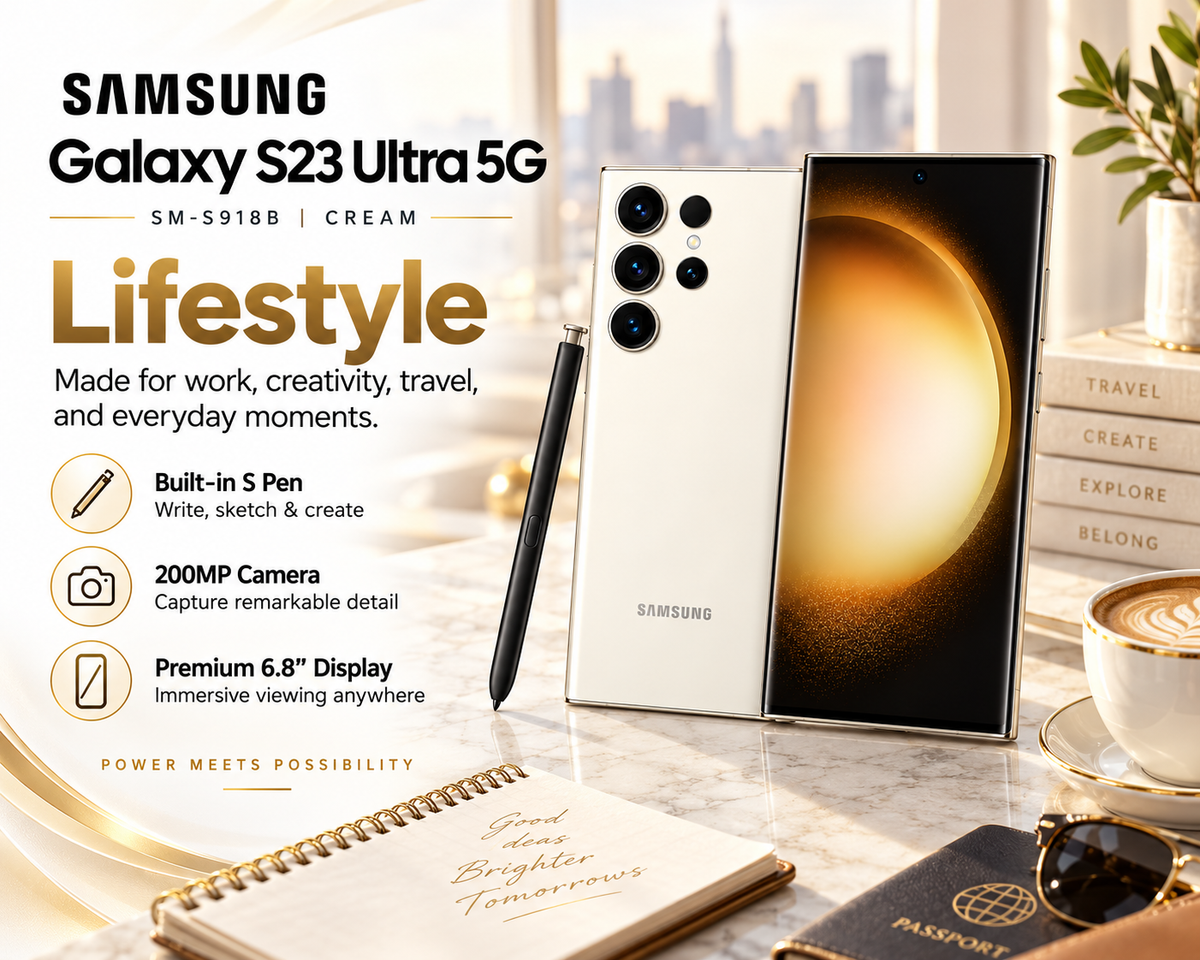 Samsung Galaxy S23 Ultra 5G phone with S Pen, cream back and lit front display
