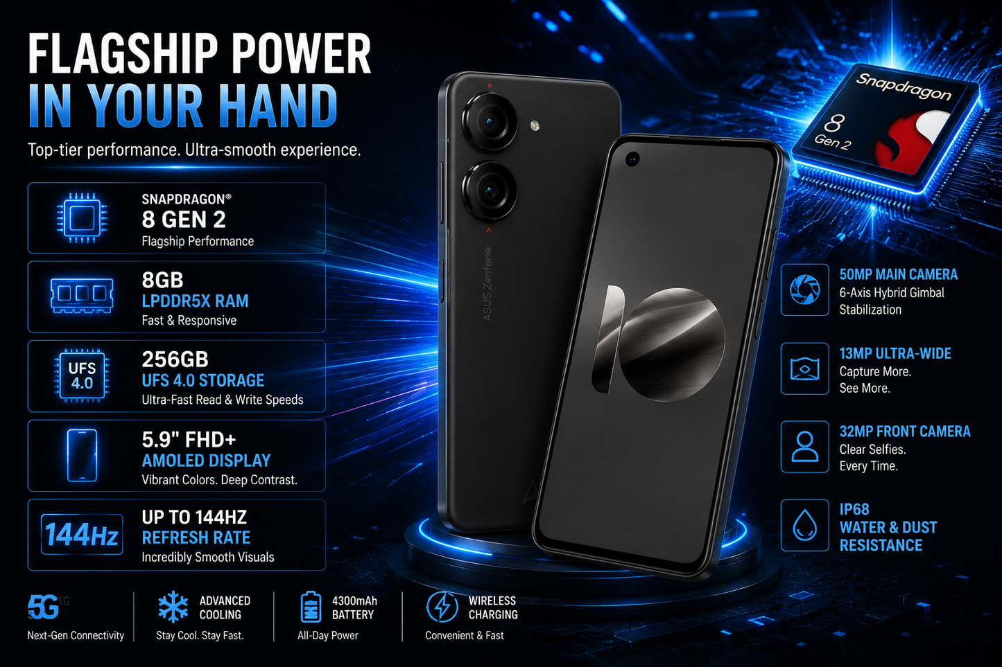 Black ASUS Zenfone 10 smartphone, front and back on charging-style stand