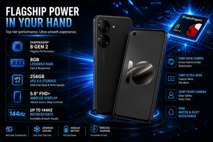 Black ASUS Zenfone 10 smartphone, front and back on charging-style stand