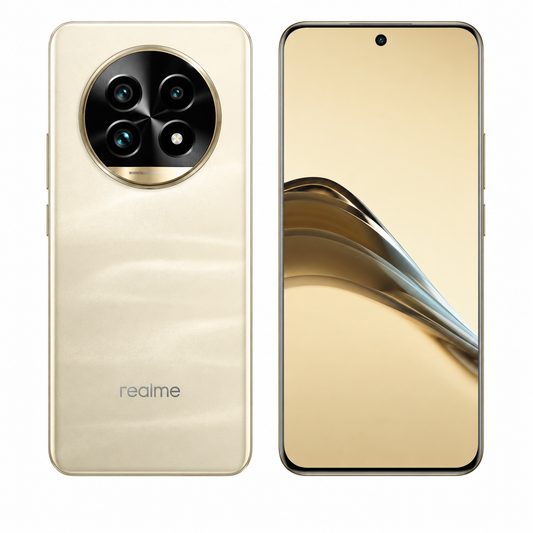 Realme 13 Pro Plus 5G Gold smartphone with dual rear cameras and front screen, shown front-and-back view