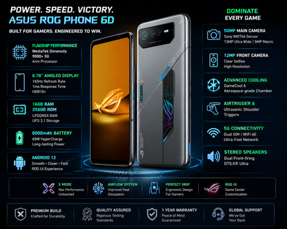 Space gray ASUS ROG Phone 6D smartphone, two angles with dark and orange displays