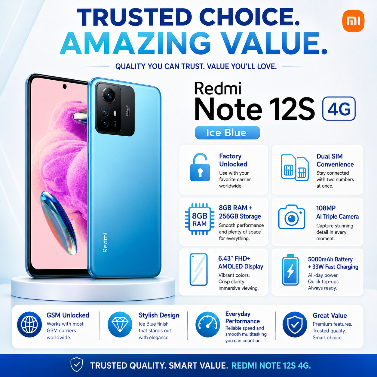 Xiaomi Redmi Note 12s 4G Dual SIM 256GB ROM 8GB RAM GSM Unlocked - Ice Blue
