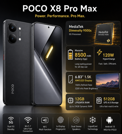 Xiaomi Poco X8 PRO MAX 5G Black unlocked smartphone with dual rear cameras and front OLED display shown