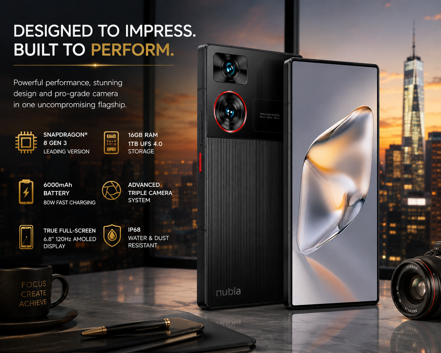Black Nubia Z60 Ultra 5G smartphone standing with front display and rear cameras