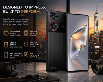 Black Nubia Z60 Ultra 5G smartphone standing with front display and rear cameras