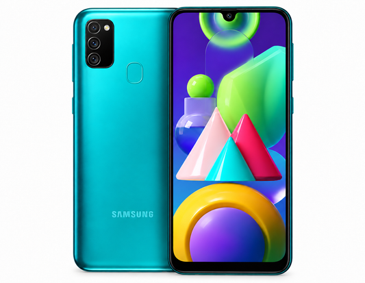 Teal Samsung Galaxy M21 smartphone with front display and rear camera panel visible