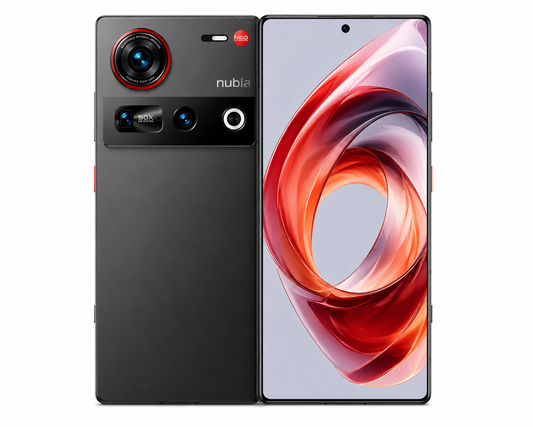 Black Nubia Z70 Ultra 5G smartphone close-up, front and back with red abstract screen.