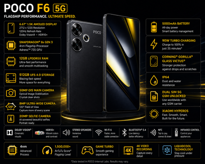 Xiaomi Poco F6 5G Black 5G smartphone with front screen and rear camera array on display