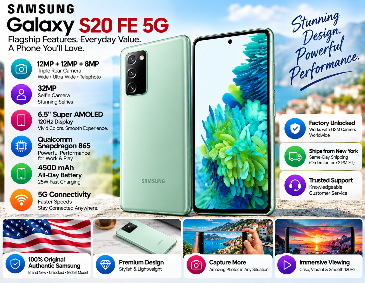 Cloud Mint Samsung Galaxy S20 FE 5G smartphone, front display and rear cameras