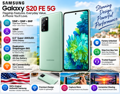 Cloud Mint Samsung Galaxy S20 FE 5G smartphone, front display and rear cameras