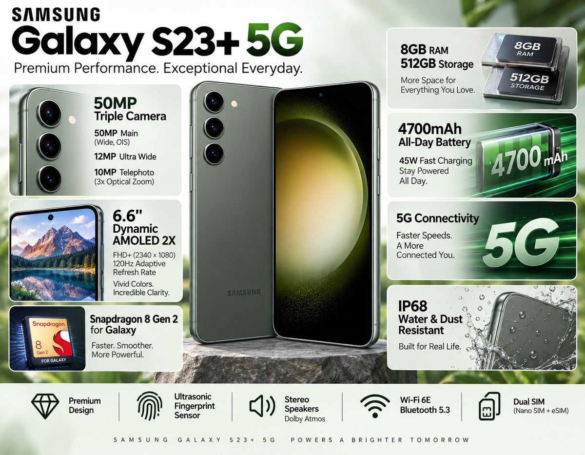 Green Samsung Galaxy S23+ 5G phone with front screen and rear cameras