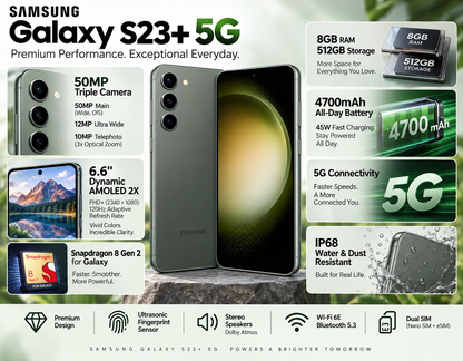 Green Samsung Galaxy S23+ 5G phone with front screen and rear cameras