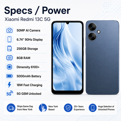 Xiaomi Redmi 13C 5G 256GB ROM 8GB RAM Dual SIM GSM Unlocked - Blue