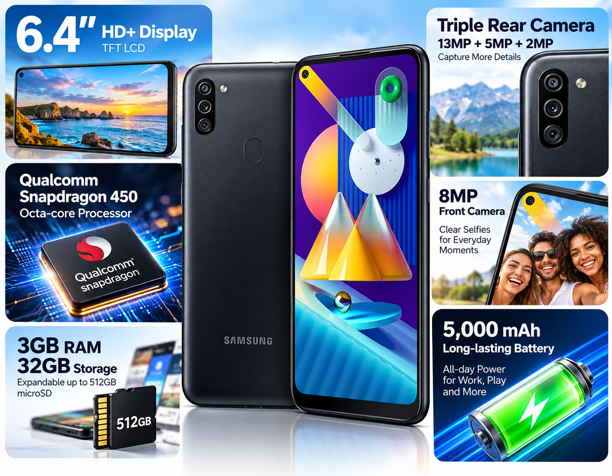 Black Samsung Galaxy M11 smartphone showing front display and rear camera.