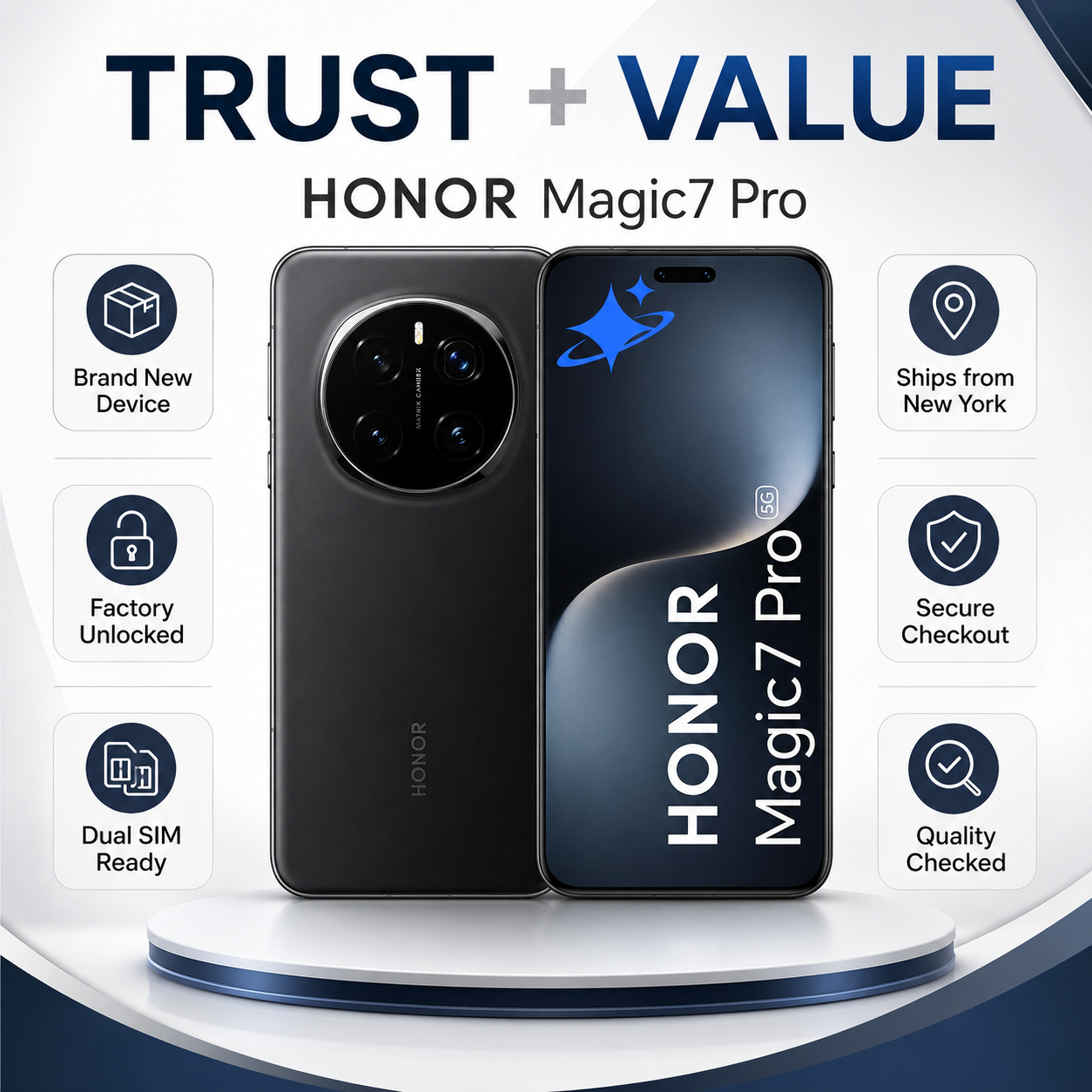 Honor smartphone with quad rear cameras and blue front screen, shown side-by-side