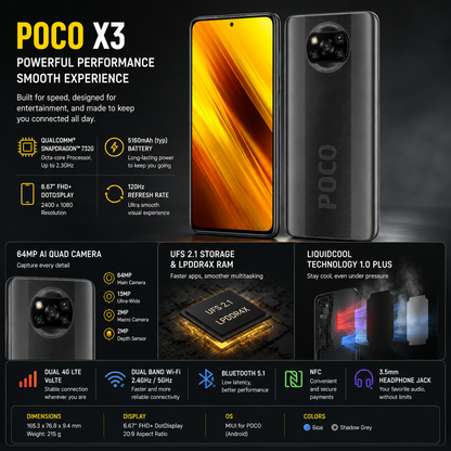 POCO X3 NFC smartphone in shadow grey with front and back views.