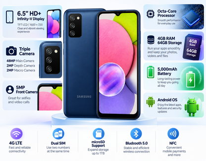 Samsung Galaxy A03S Blue smartphone front and back view with colorful edge-to-edge display
