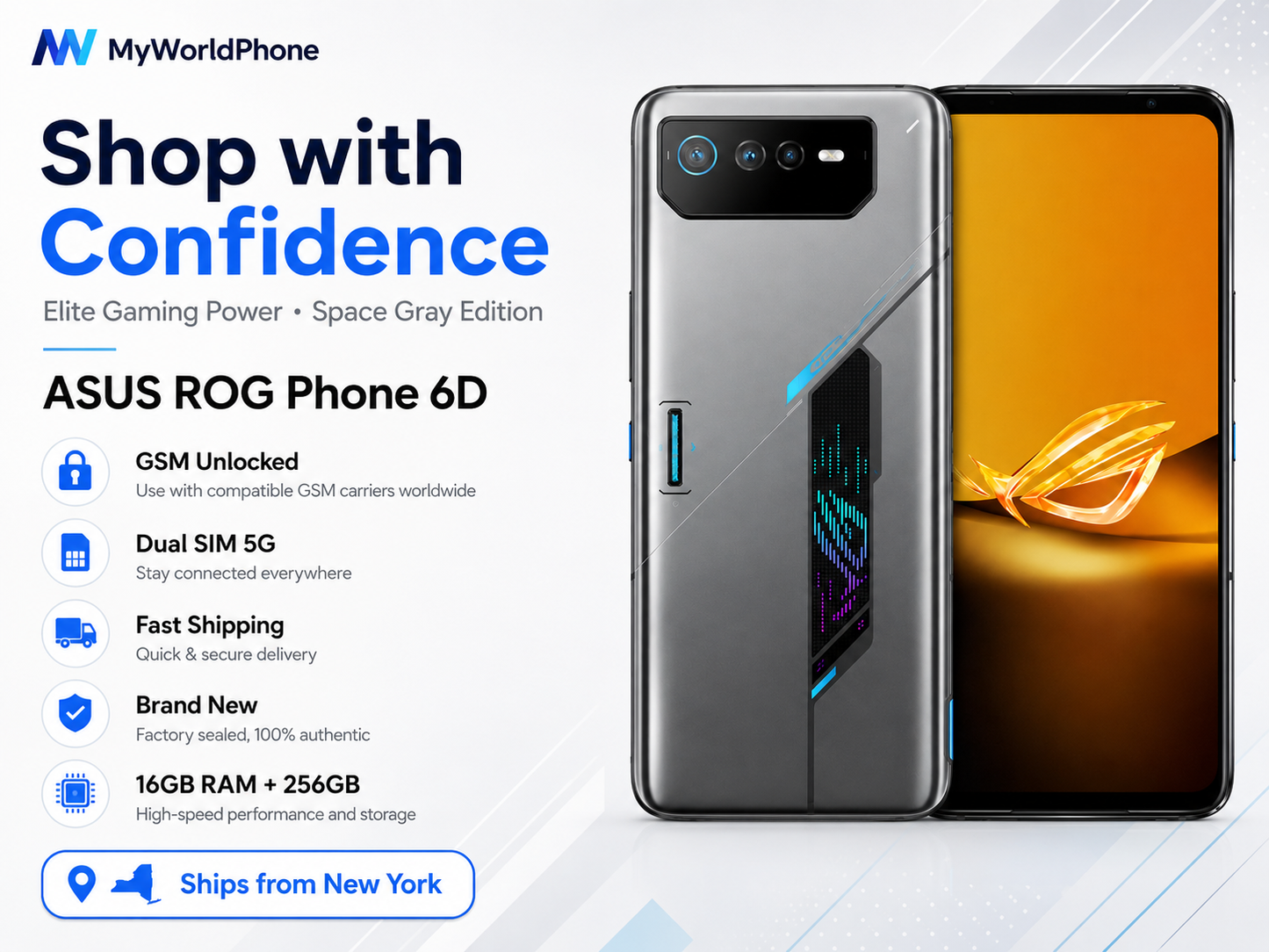 Space gray ASUS ROG Phone 6D smartphone showing rear cameras and orange front display
