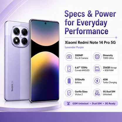 Xiaomi Redmi Note 14 Pro 5G 256GB ROM 8GB RAM Dual SIM GSM Unlocked - Lavender Purple
