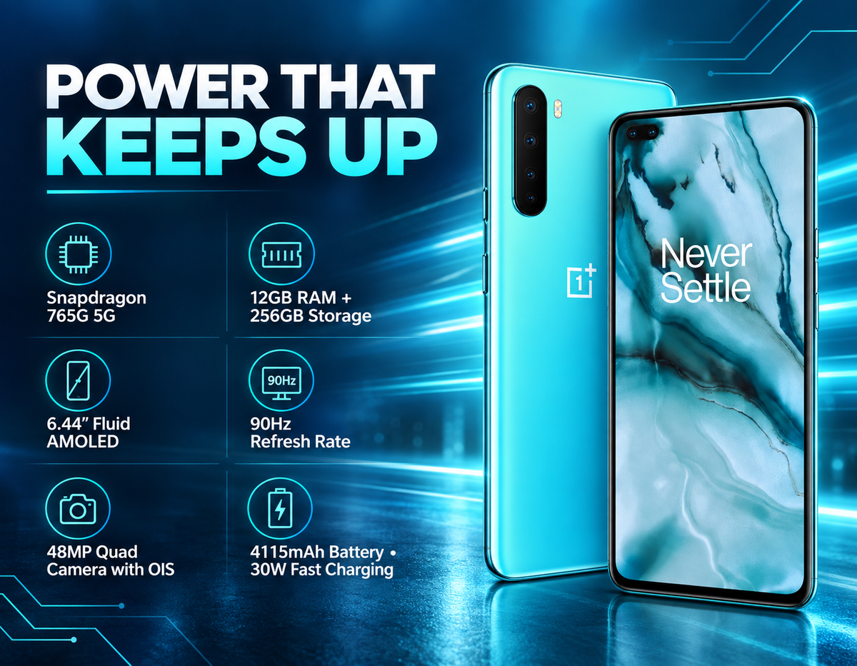 OnePlus Nord 5G  Blue smartphone front and back on display with quad rear camera and flash