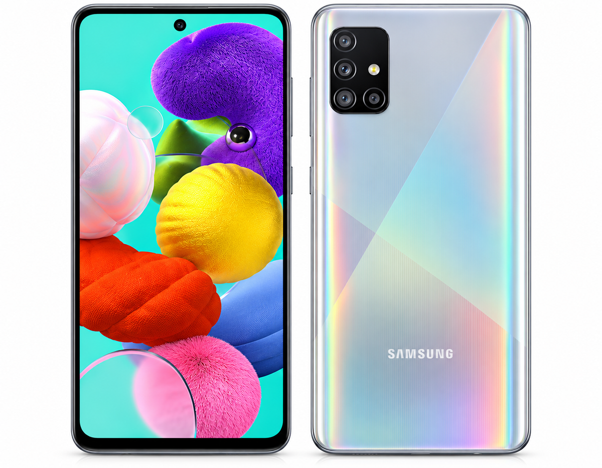 Samsung Galaxy A51 prism silver smartphone, front and back with quad camera on rear