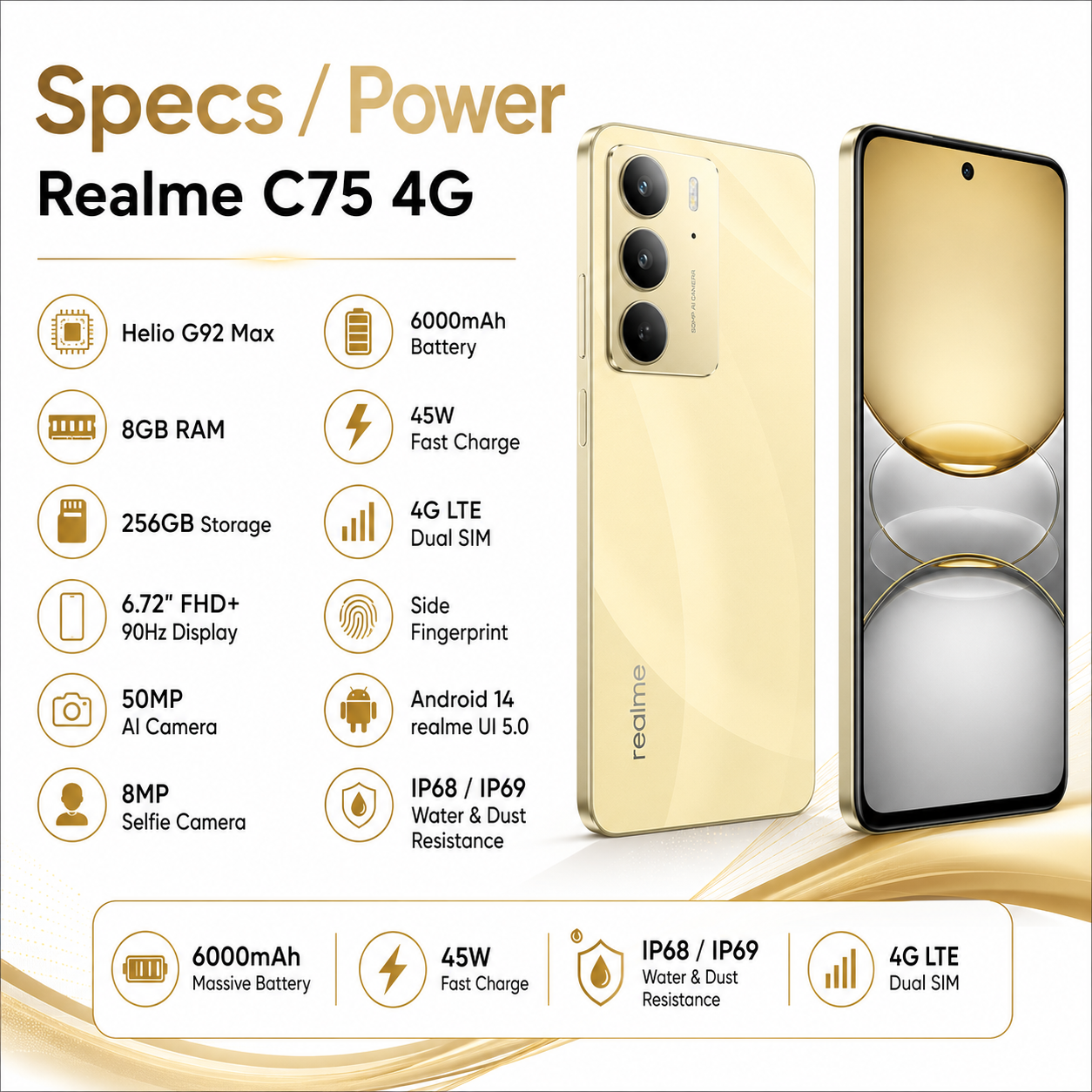 Realme C75 4G  Gold smartphone showing back with three rear cameras and front display