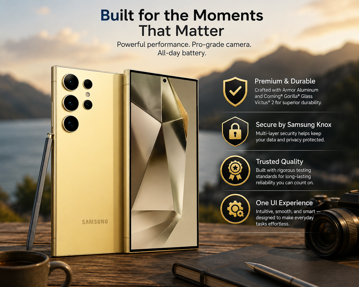 Samsung Galaxy S24 Ultra Titanium Yellow smartphone with front display and back with quad cameras.